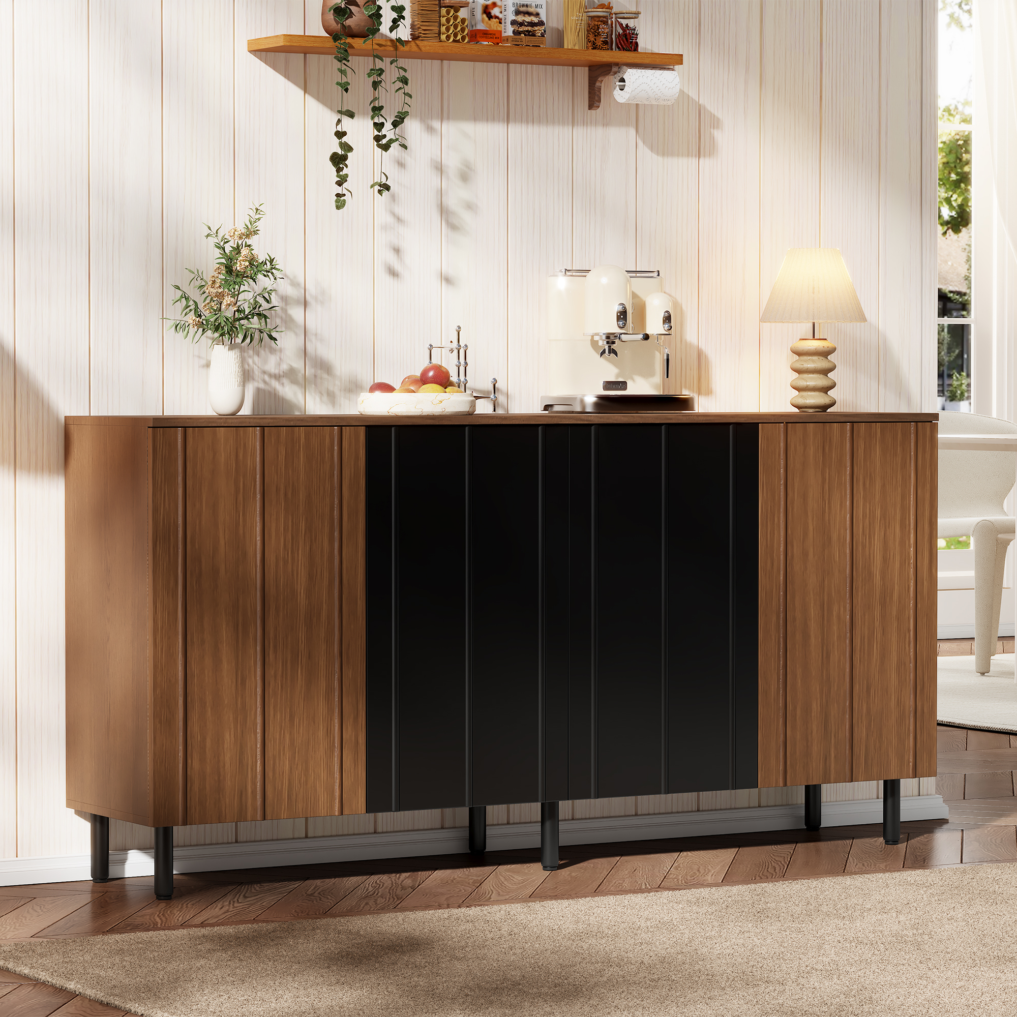 160 × 35 × 80 Cm Küchenbuffet Aus Spanplatte, Nussbaumfarben & Schwarz Mit Hoher Traglast Für Esszimmer,beistellschrank Mit 4 Schranktüren,sideboard Mit Unterteilten Staufächern,breiter Schrank