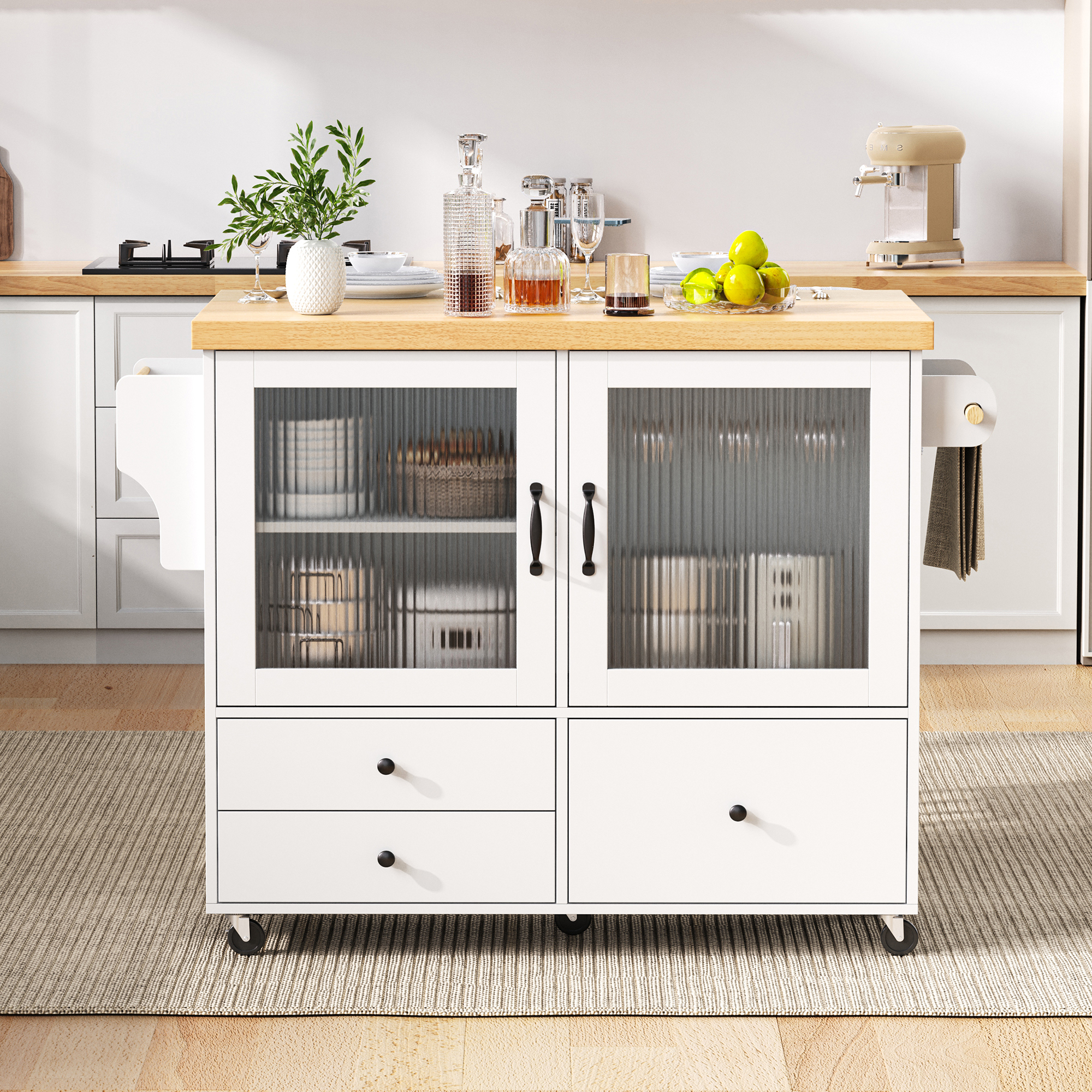 Mobile Kücheninsel Mit Rollen Und Ausziehbarem Esstisch, Küchenwagen Mit Weinglashalter Und Stauraum, Ideal Für Küche Und Esszimmer (weiß)