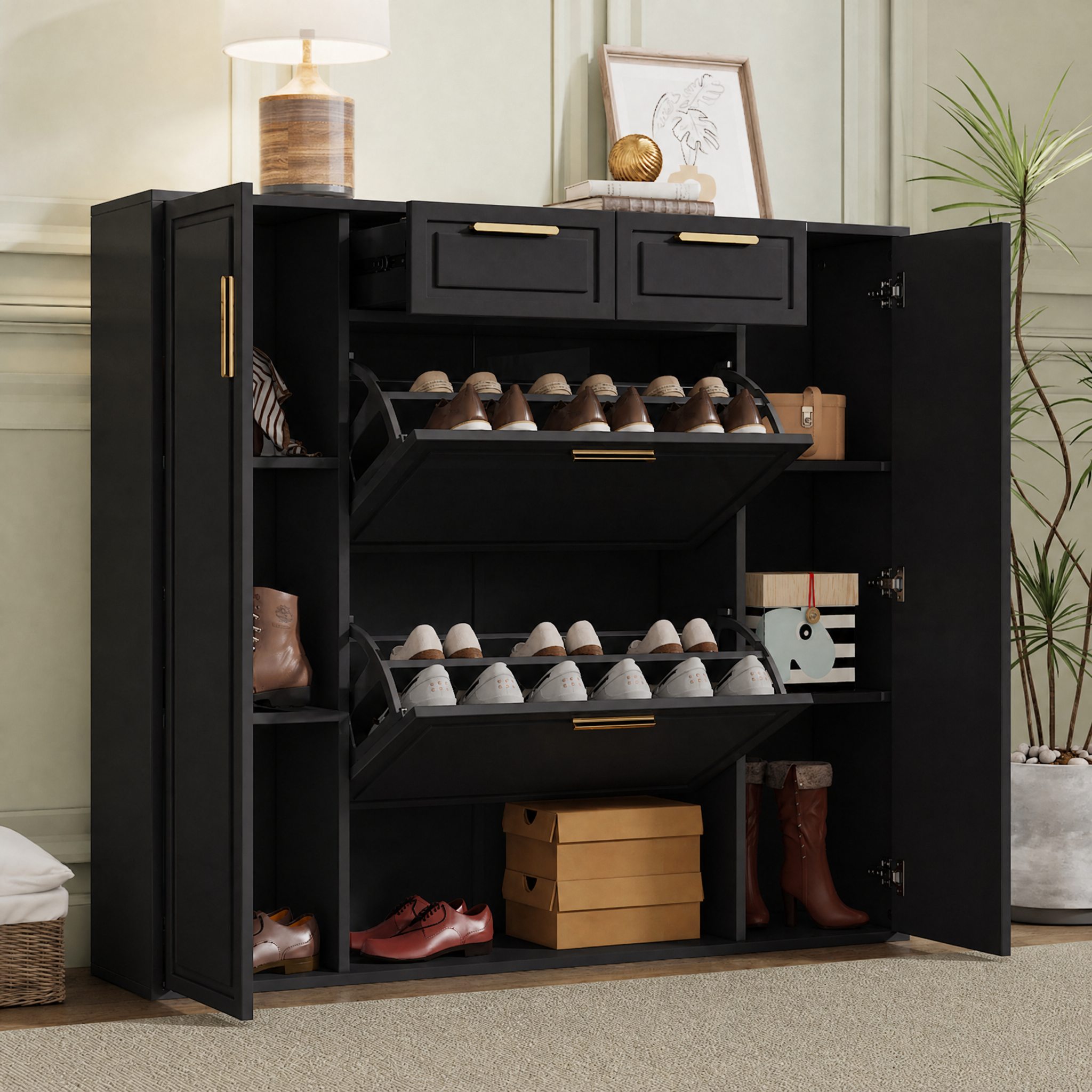 Moderne Schuhschrank, Mit Verstellbaren Regalen, Goldenen Griffen, 2 Schubladen, Klappschuhschrank Und 2 Türen, Schwarz, B120/d24/h107 Cm