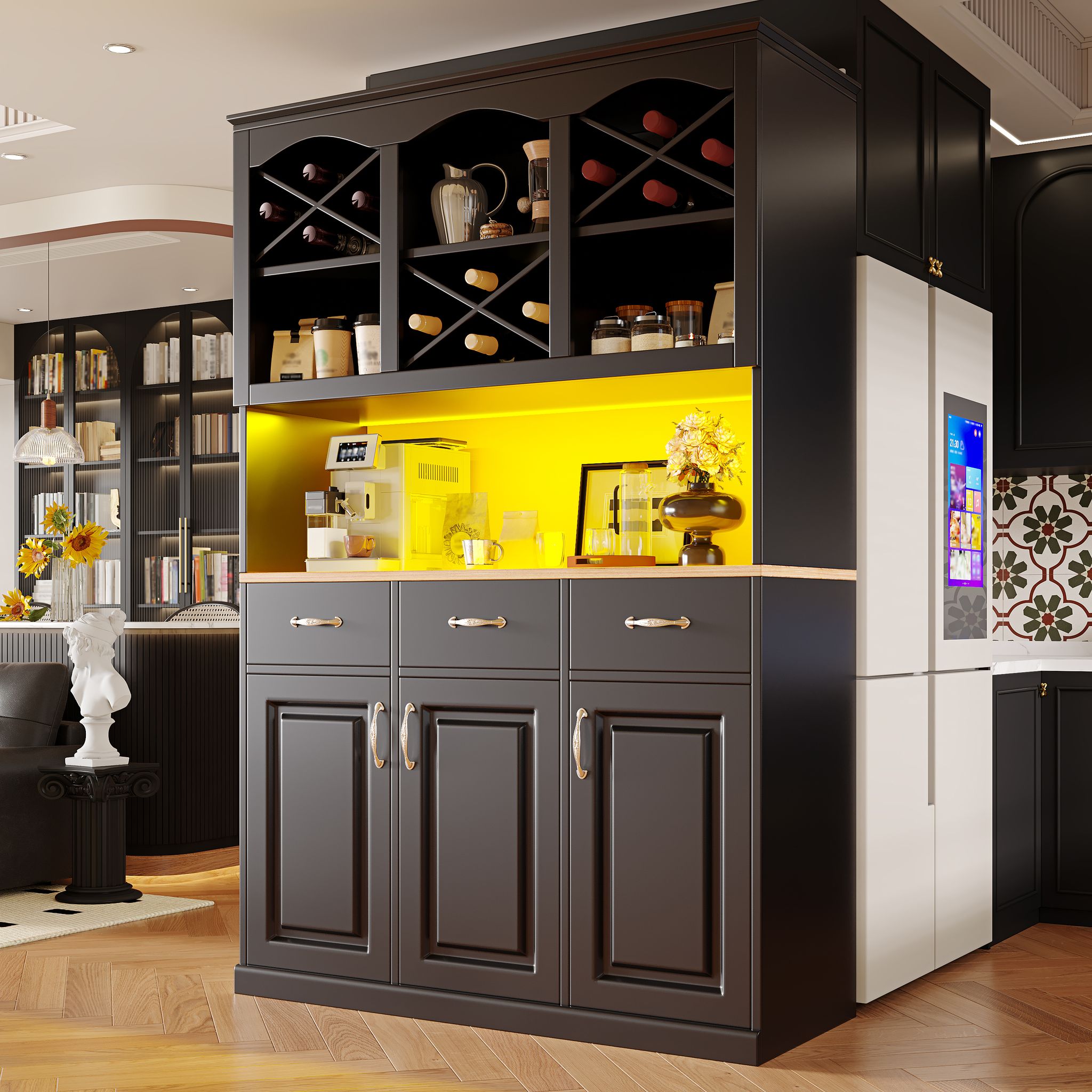 Küchenschrank (120 × 40 × 180 Cm), Hohes Küchenbuffet, Mehrzweckbuffet, Snackschrank, Aufbewahrungsmöbel Mit Drei Türen, Drei Schubladen Und Led-beleuchtung,schwarz