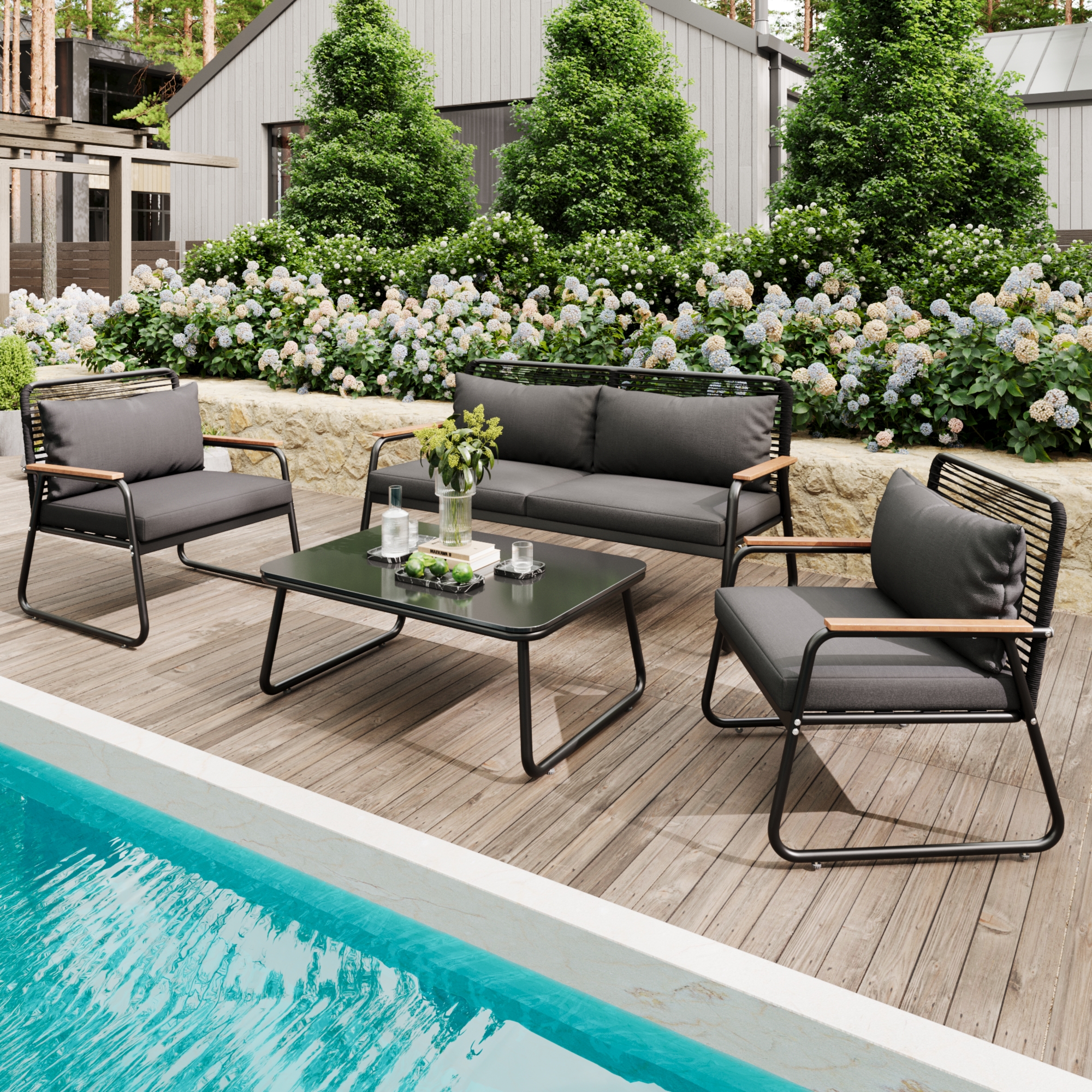 Garten-lounge-set, Sofa-tisch-set Für 4 Personen Mit Gestell Aus Verzinktem Eisen, Tischplatte Aus Gehärtetem Glas, Verstellbare Beine, Inklusive Aller Sitz- Und Rückenkissen, Schwarz