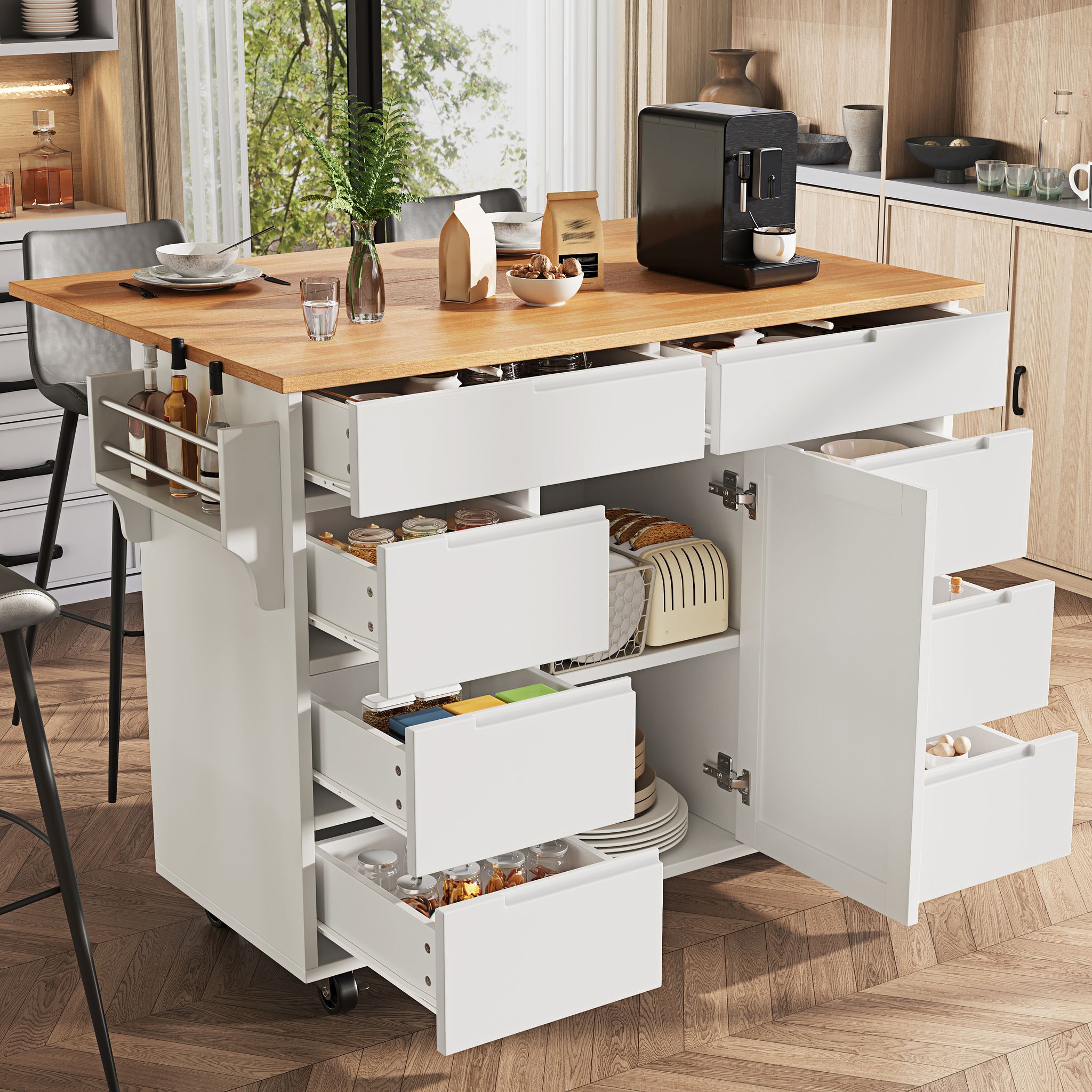 Moderne Kücheninsel, Küchenschrank, Ausziehbarer Küchenwagen Mit Rollen Und Arbeitsplatte, Servierwagen Mit Gewürzregal Und 8 Schubladen, Weiß