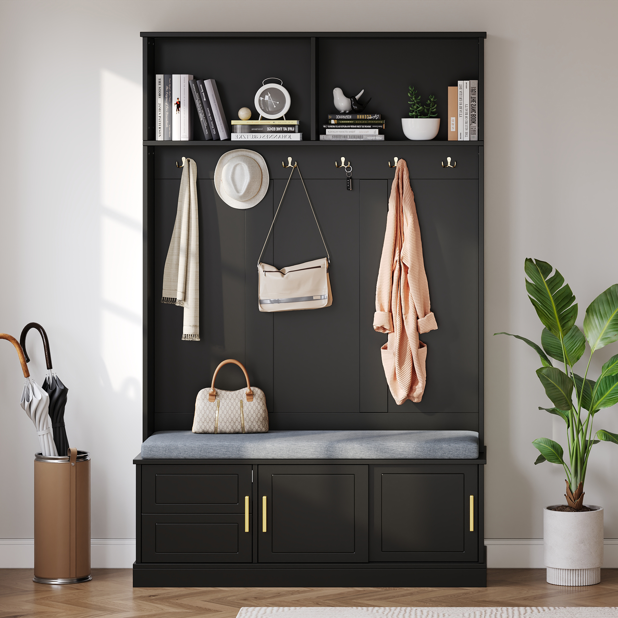 Garderobenständer Mit Schuhbank, Garderobe, 6 Dreifach-haken,freistehend, Platzsparend, Für Eingangsbereich,flur, Schwarz, 120×40×191cm
