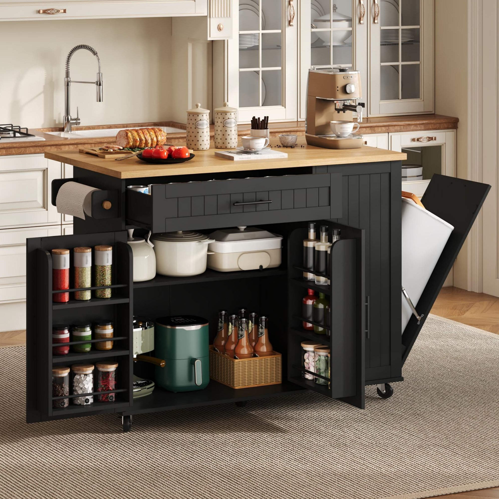 Mobile Kücheninsel Mit Klappbarer Arbeitsplatte, Rollwagen, Aufbewahrungsschrank, Mülleimerschrank, Ablage Über Der Tür, Feststellbare Rollen, 130 × 45 (70) × 93 Cm,