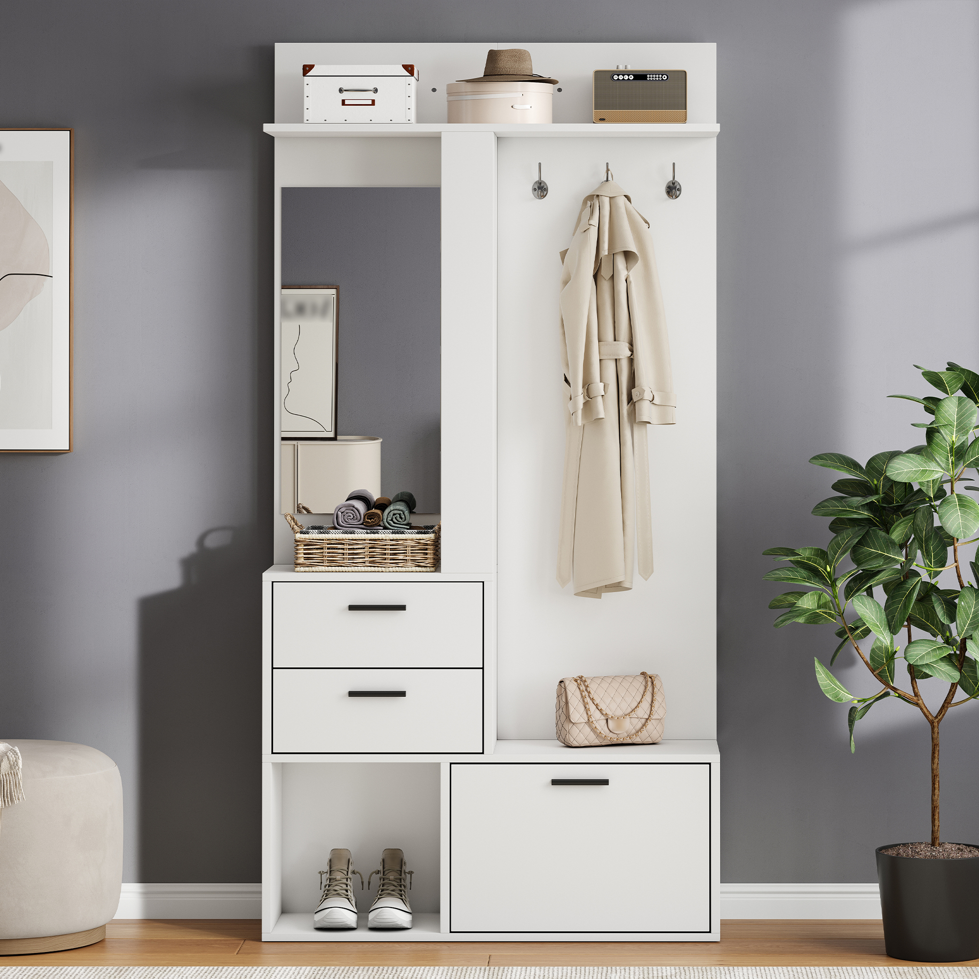 Garderobenständer, Kleiderständer, Schuhbank, Garderobe, 2 Schubladen,3 Haken Für Jacken, Hüte, Ein Glasspiegel, Daneben Drei Regalböden, Flur, Schlafzimmer, Wohnzimmer, 90x30x180cm,weiß