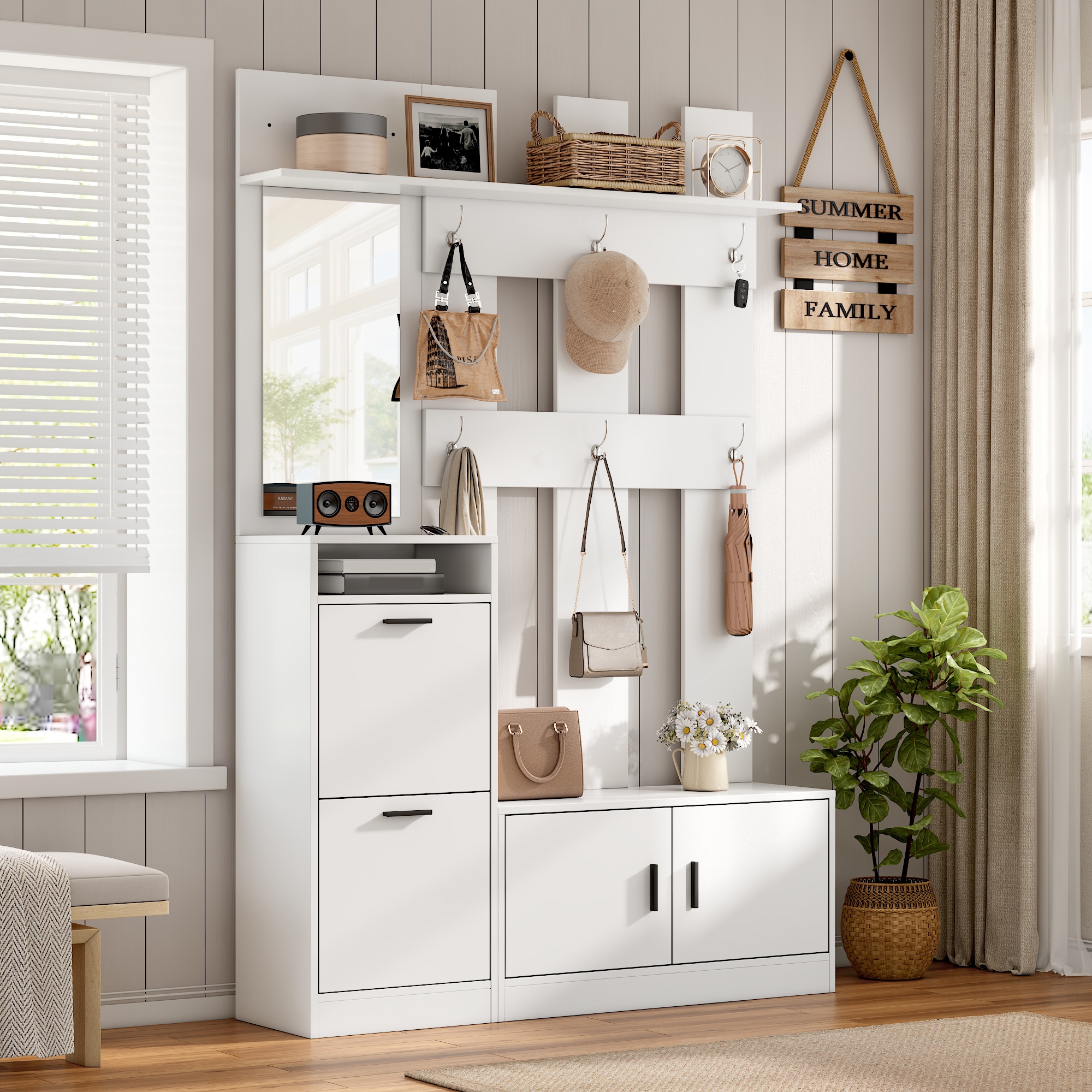 Garderobenständer Für Den Eingangsbereich, Inklusive Schuhschrank, Spiegel Und Kleiderhaken, Wandmontierter Kleiderschrank ,multifunktionaler Schuhschrank, Für Flur Eingangsbereich, Weiß, 120x30x180cm