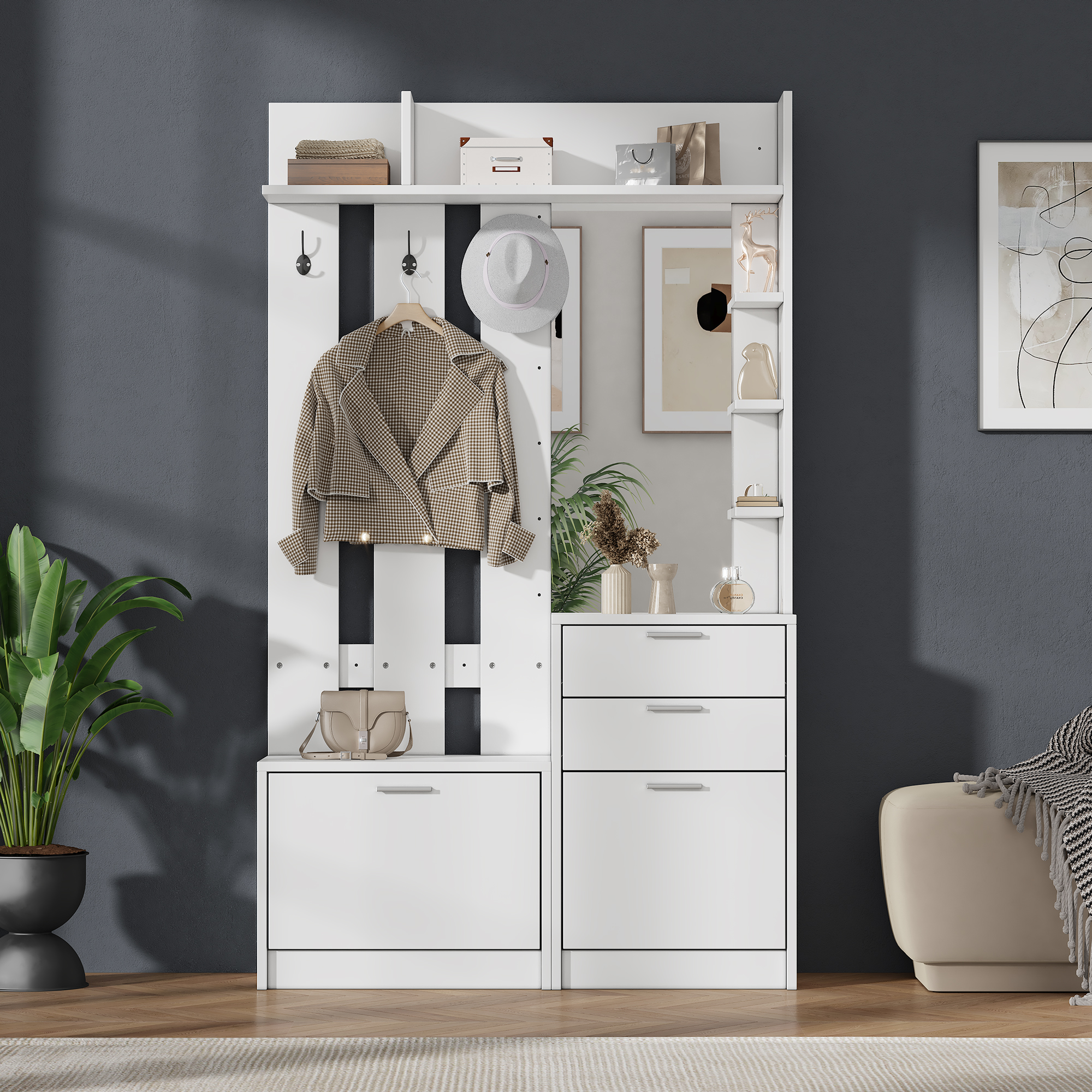 Garderobenständer, Kleiderständer, Schuhbank, Garderobe, 2 Schubladen,2 Ausklappbare Schuhschränke,3 Haken, Ein Glasspiegel, Daneben Drei Regalböden, Flur, Schlafzimmer, Wohnzimmer, Weiß,110x34x185cm
