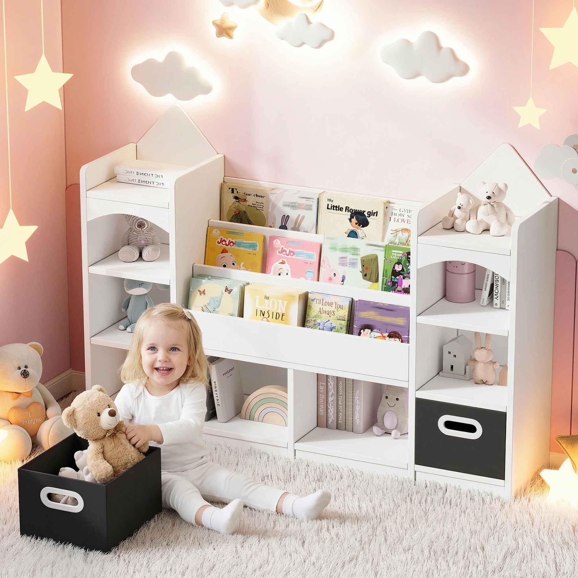 Bilderbuchregal, Kinderbuchregal, Mehrstöckiger Kinderschrank, Kinderzimmermöbel, Spielzeugaufbewahrung, Ablageregal, Kinderaufbewahrungsschrank, Mit 2 Klappbaren Aufbewahrungsboxen, Weiß, 1303090cm
