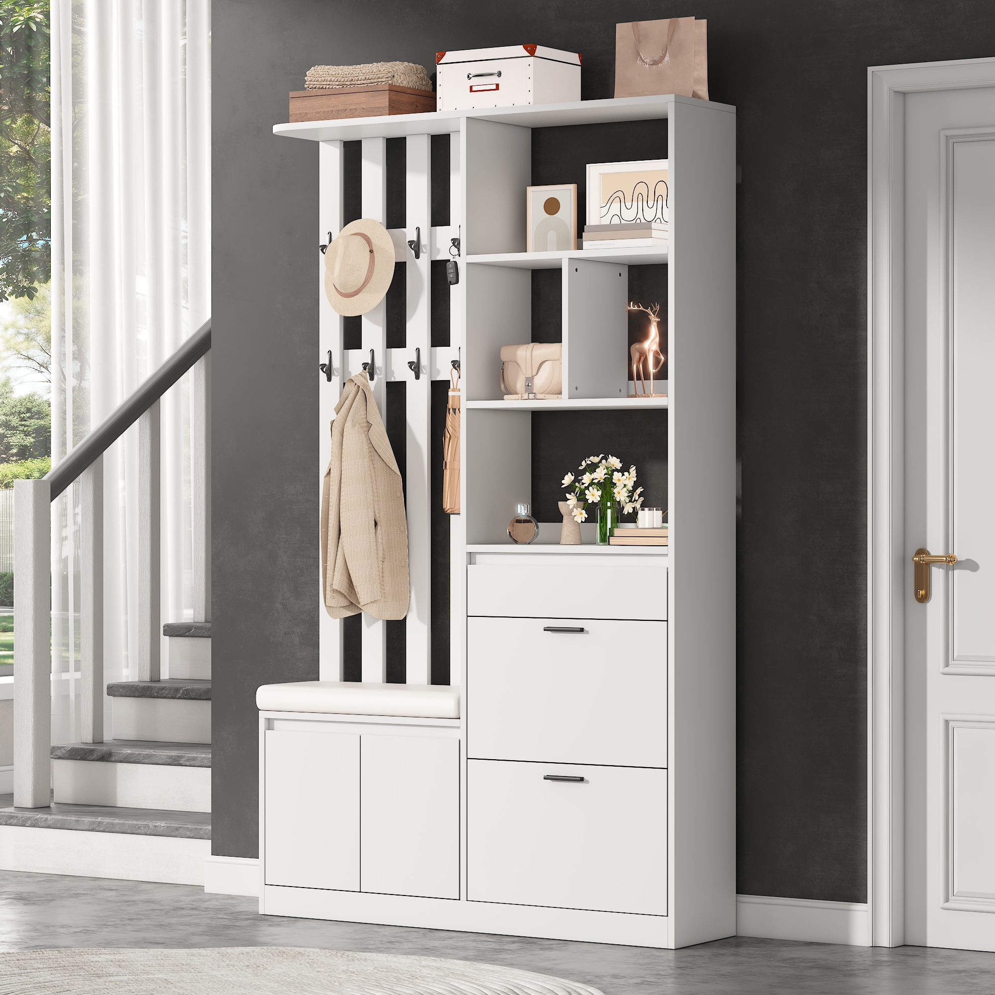 Flurgarderobe 120x30x200cm Aus Mdf, Multifunktional Garderobenschrank Mit Gepolsterter Sitzbank, 2 Schuhklappen, 1 Schublade, 2 Türen & 10 Kleiderhaken, Bis 30 Kg Belastbar Für Eingangsbereich,weiß