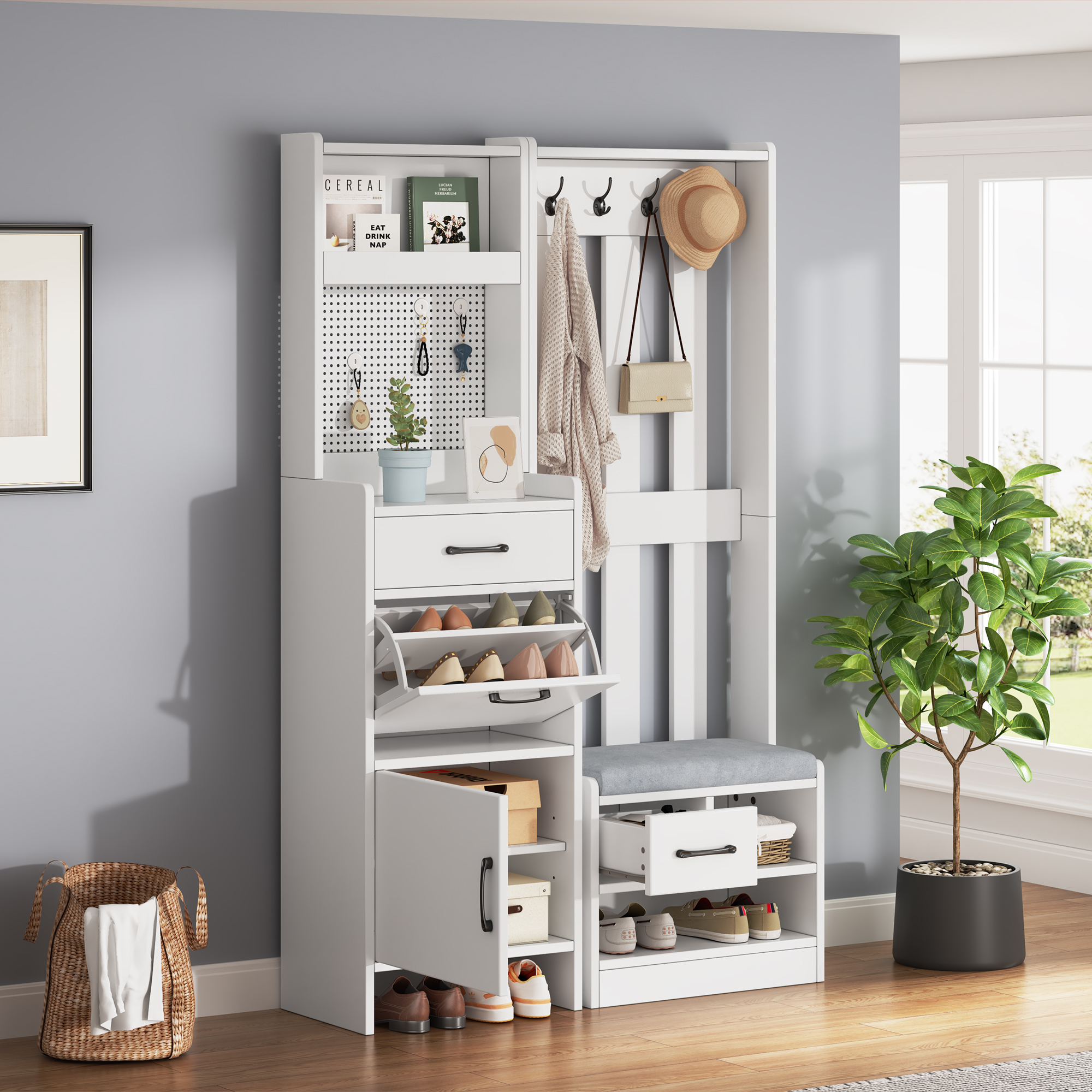 11035175,5 Cmflur Garderobenständer Kleiderständer,garderobenständer,bücherregal,7-in-1 Garderobenständer Mit Schuhbank, Freistehend,garderobe Mit 7 Haken, Lochwand, Matte, 2 Schubladen,weiß