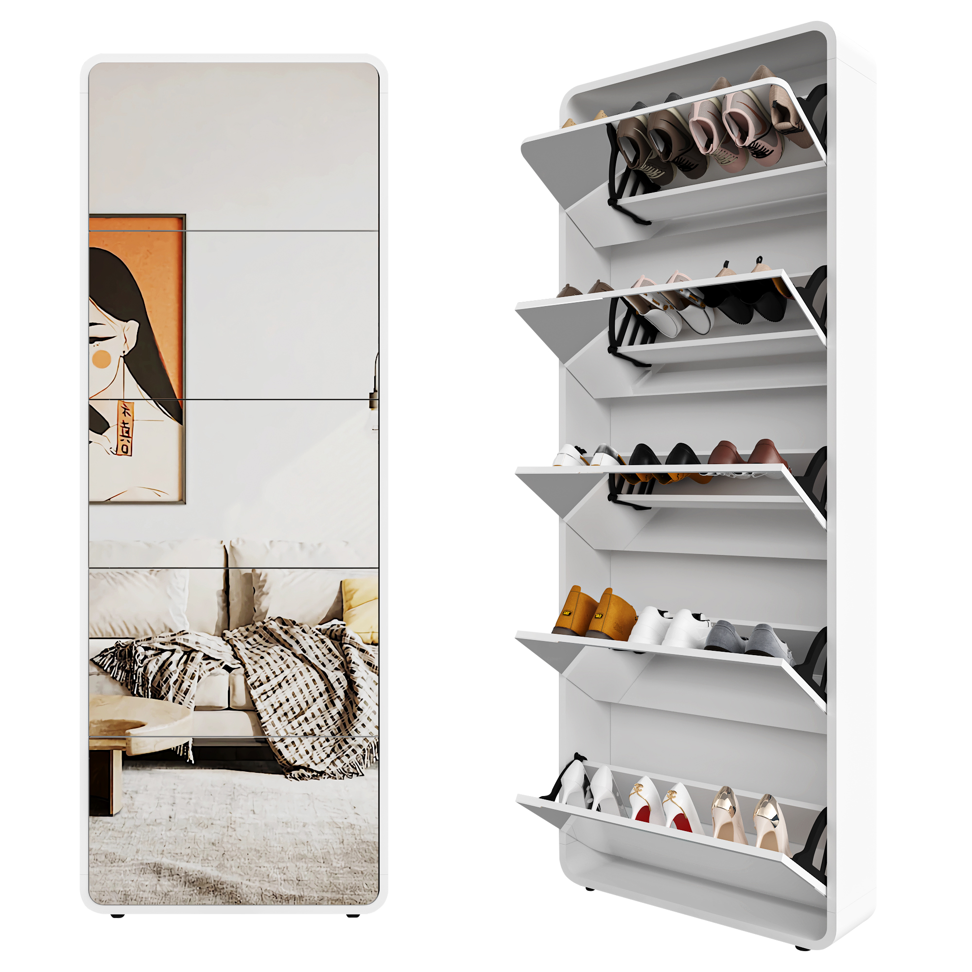 Spiegel-schuhschrank Mit 5 Flip-schubladen, Verspiegelter Schuhschrank Mit Bogen-design, Freistehender Kipp-schuh-organizer, Eingangsbereich, Weiß