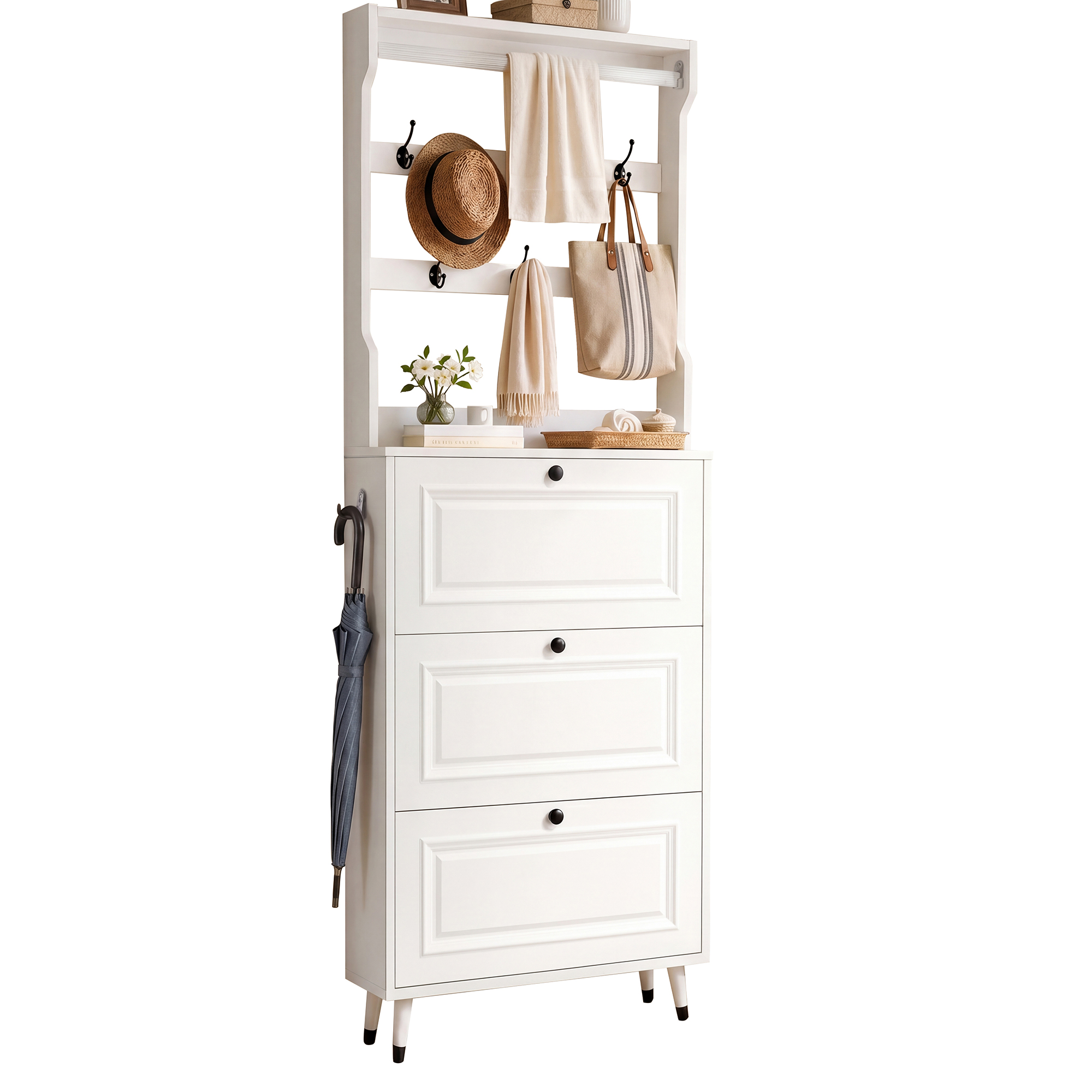 Flurgarderobe Mit Schuhschrank Und Haken, Kleiderhaken,kompaktgarderobe,flurmöbel Set,flurgarderobe Schuhschrank Mit Garderobenfunktion, Diele Schrank, 3 Klapptüren