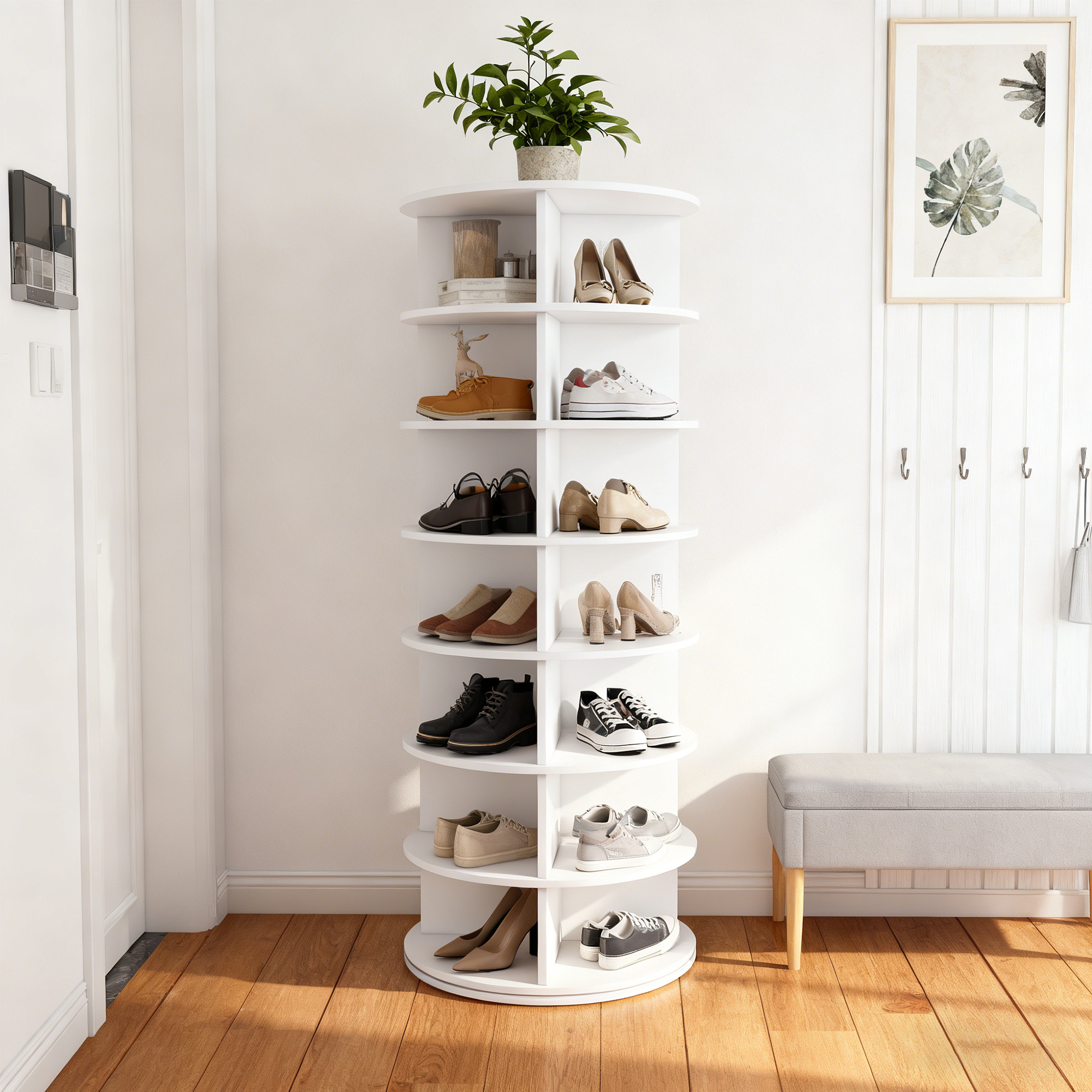 7-etagen Drehschuhregal Tower, 360° Drehbar – Freistehendes Schuhregal Für 28 Paar Schuhe, Platzsparend, Weiß (60 × 60 × 161cm)