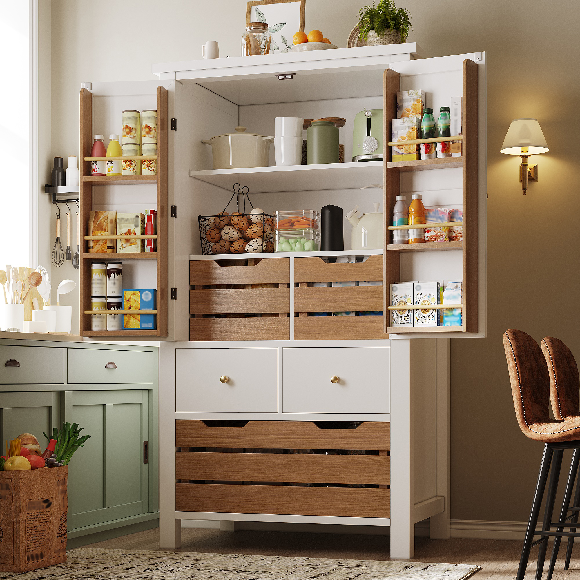 Küchenschrank (80x40x140cm), Hohes Küchenbuffet, Mehrzweckbuffet, Snackschrank, Aufbewahrungsmöbel Mit Zwei Türen Und Fünf Schubladen, Schwarz/weiß