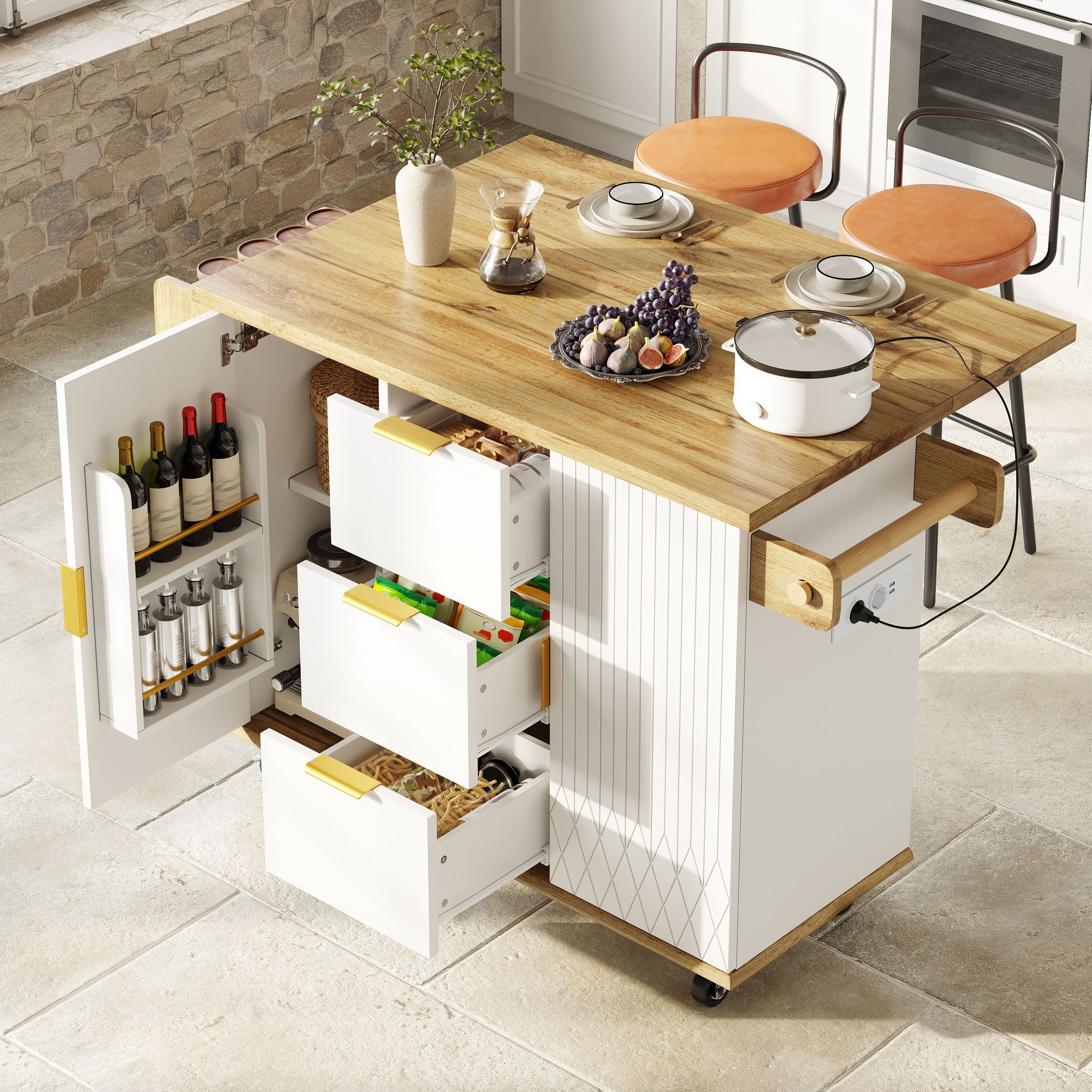 Küchenwagen-set Mit Barhockern, Mobiler Kücheninselschrank Mit Stromanschluss & Ergonomischen Barhockern, Weiß-holzoptik