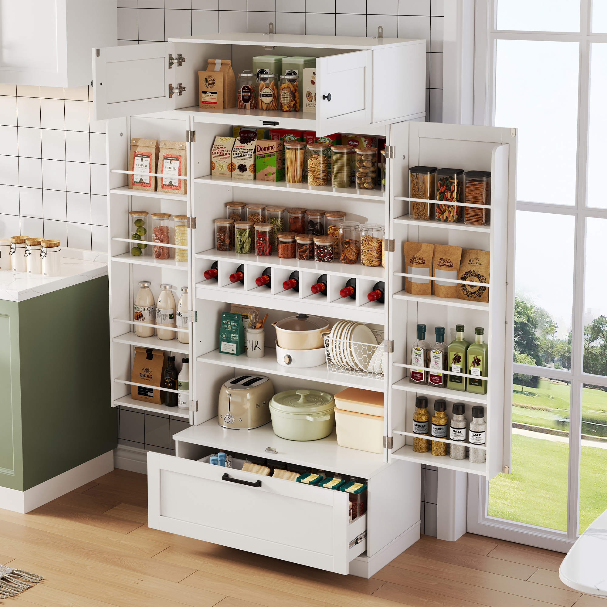 80×40×180cm Großer,freistehender Küchenaufbewahrungsschrank Mit Verstellbaren Einlegeböden,schubladen,weinregal Und Türen Mit Einlegeböden,geeignet Für Esszimmer Und Wohnbereiche,industrieller Stil