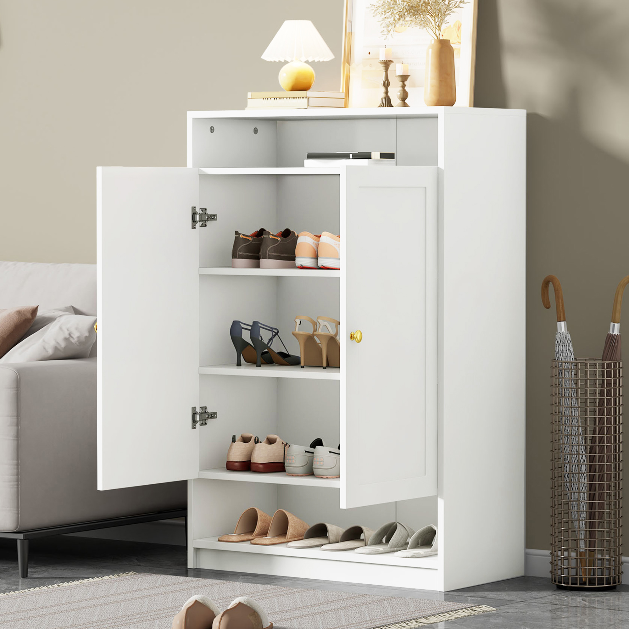 Moderne Schuhschrank, Mit Verstellbaren Regalen, Goldenen Griffen, Schuhkommode Mit 2 Türen, Weiß, B73/d34/h109