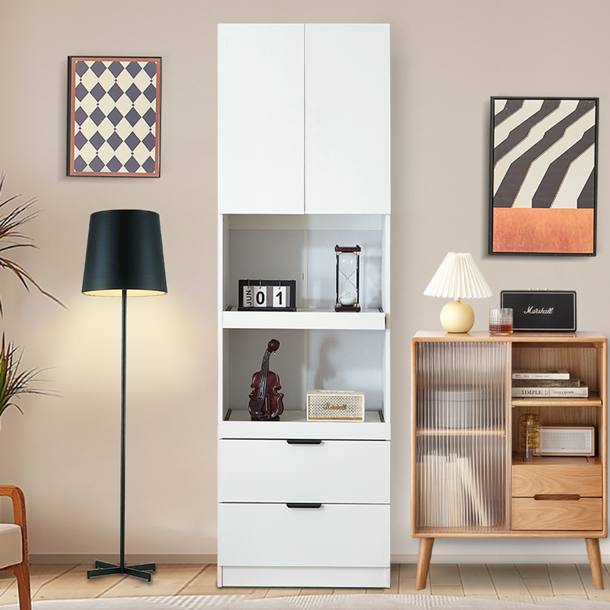 200cm Hohe Küchenschränke, Lagerschränke, Türen, Schubladen, Mikrowellenregale, Hochschränke Mit Kippschutz, Sideboards Freistehende Multifunktionsschränke Für Esszimmer, Wohnzimmer Weiß