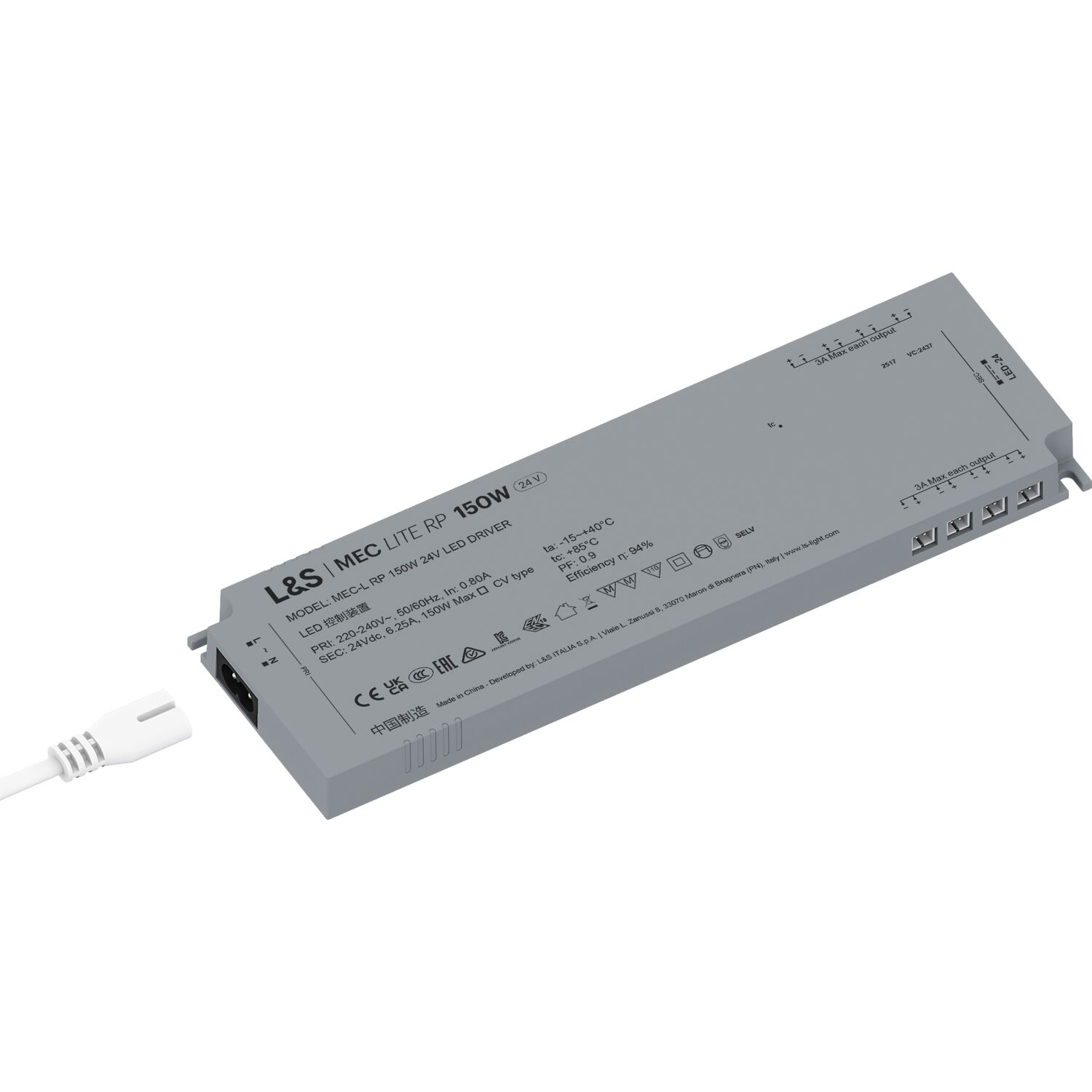 L&s Led Netzgerät Mec Lite Rp 24v Dc 150w Netzteil Mit 8 Led-anschlussbuchsen, Kurzschlussschutz, Überlastschutz, Kompakt, Euro-flachstecker, Grau