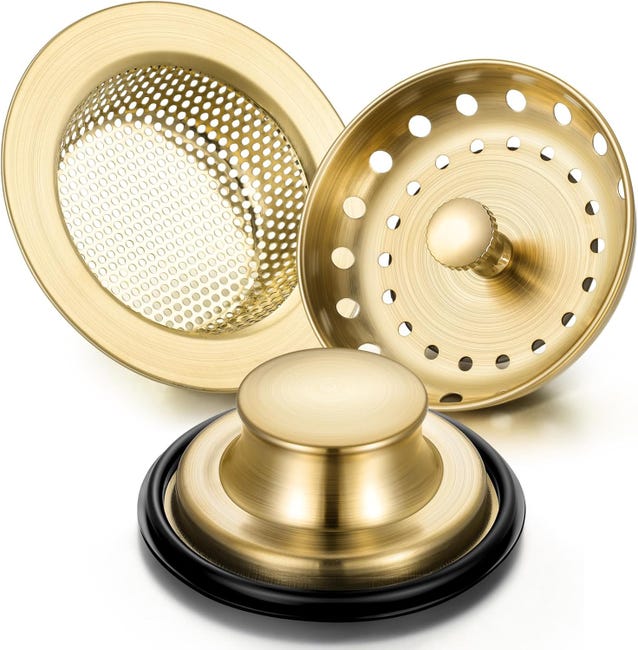 3er-set Küchenspülenstöpsel Aus Gebürstetem, Goldfarbenem Edelstahl, Universelle, Verstopfungsfreie Küchenspülenstöpsel Mit Breitem Rand Für Spülenabflüsse