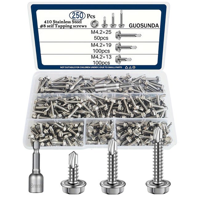 250 Stück Selbstbohrende Schrauben Für Metall, M4.2 Edelstahl-blechschrauben Für Metallarbeiten, Sechskant-blechschrauben