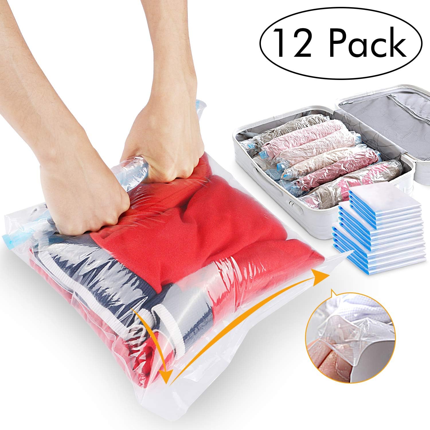 12 Stk Reise Vakuumbeutel Zum Rollen Per Hand，3 Größen Vakuum Beutel Wiederverwendbar & Kompressionsbeutel Für Kleidung, Bettdecken, Bettwäsche, Kissen, Wolldecken, Vorhänge.