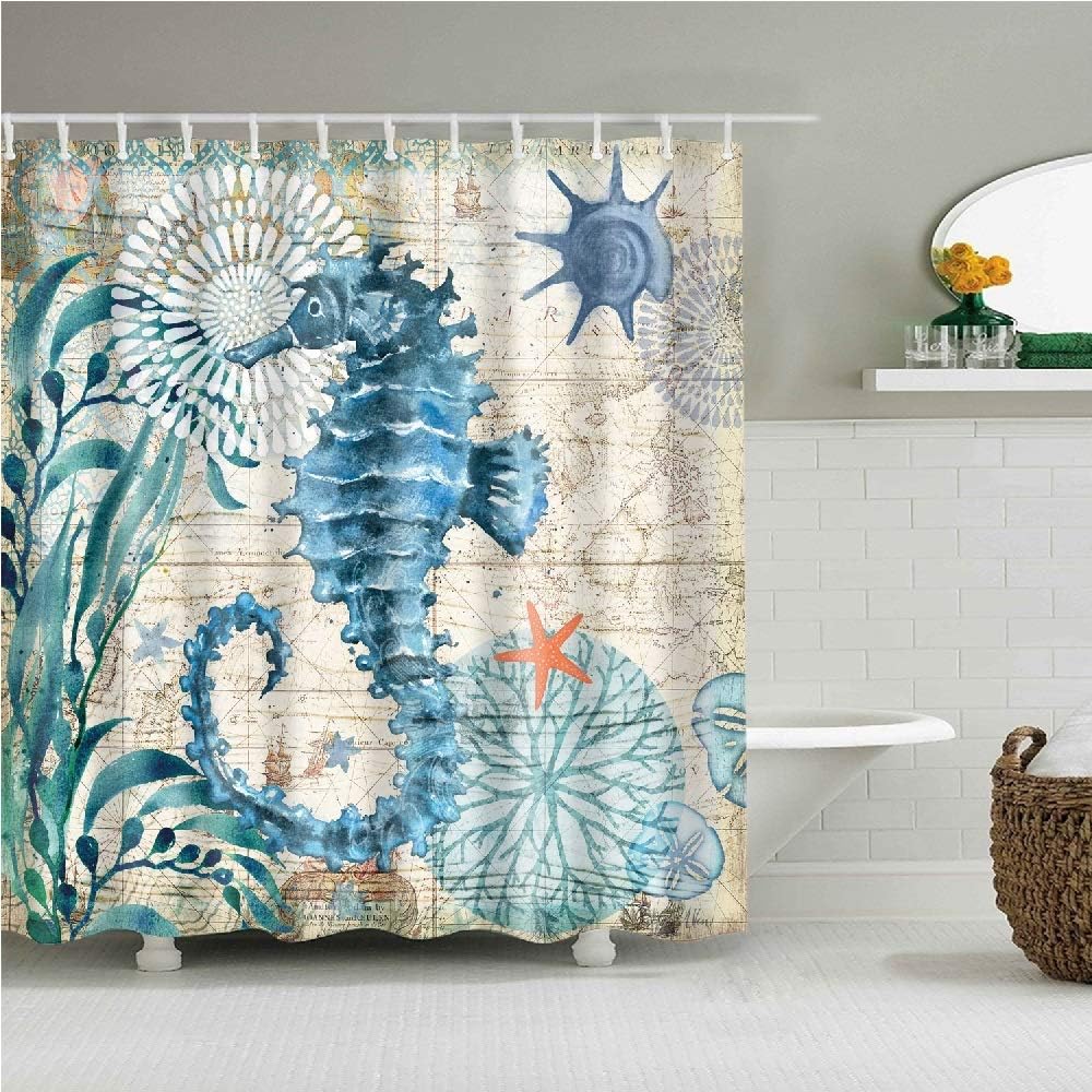 Home Duschvorhang, Waschbar, Wasserdicht Und Schimmelsicher Gedruckt Mit Eleganten Muster-badvorhängen Mit 12 Ringhaken 180 X 180 Cm (buntes Seepferdchen)