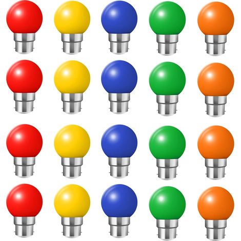 Tinor – Packung Mit 20 Bruchsicheren B22 2w Led-lampen – Entspricht 20w – 200 Lumen – 50.000 Stunden Lebensdauer – Farben: Rot, Gelb, Orange, Grün, Blau