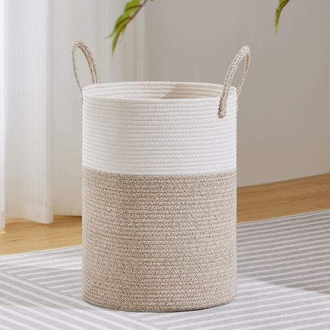 Wäschekorb Aus Baumwollseil, 58 L – Aufbewahrung Für Kleidung, Spielzeug, Decken – Minimalistisches Design In Weiß Und Braun – Maximale Traglast 20 Kg