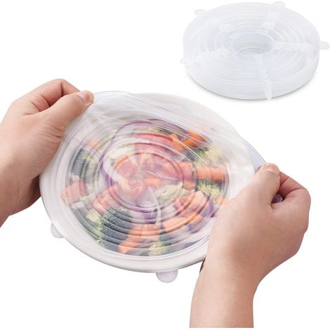 Set Mit 6 Dehnbaren Silikondeckeln In Verschiedenen Größen. Die Flexiblen Silikondeckel Eignen Sich Für Schüsseln, Tassen Und Mehr.