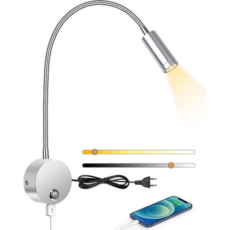 3-w-led-wandleuchte Mit Usb-anschluss – 360° Flexibler Schwanenhals – 3 Farbtemperaturen 3000–6000 K – Einfache Installation