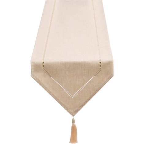 Tischläufer Aus Cremefarbenem Und Beigefarbenem Leinen, 32 X 180 Cm – Leinen-polyester-mischgewebe – Lichtecht – Handwäsche