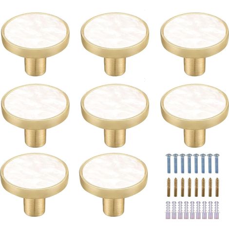 Set Mit 8 Runden Schrankknöpfen Aus Weiß Marmoriertem Messing – Goldfarben – Durchmesser 32 Mm – 24 Mm Schrauben Zur Montage Auf Hartholz
