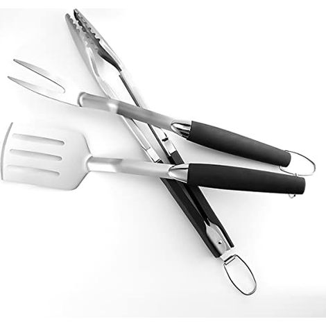 Dreiteiliges, Extra Dickes Edelstahl-grillset Inklusive Pfannenwender, Gabel Und Zange – Komplettes Grillzubehör In Einer Tragetasche – Das Ideale Grillgeschenk Für Männer