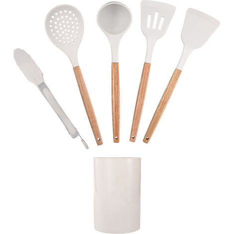 Set Mit 5 Beigefarbenen Silikon-küchenutensilien Mit Holzgriffen Und Ständer