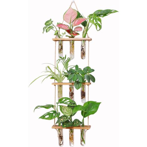 Umweltfreundlicher Hängepflanztopf In Flaschenform Mit Holzrahmen, Dreistufige, Reagenzglasförmige Vase, Hängender Vintage-glasblumentopf, Hydrokultur-pflanzgefäß