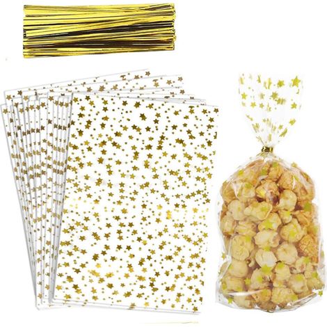 Goldene, Sternenverzierte Cellophan-geschenktüten – 100 Stück Mit Metallverschlüssen Für Kekse, Süßigkeiten Und Kleine Geschenke