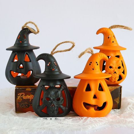 Tragbare Led-laterne In Kürbis- Und Totenkopfform Für Halloween-dekoration, Batteriebetriebene Dekorative Hängelaterne Im Kürbis-design