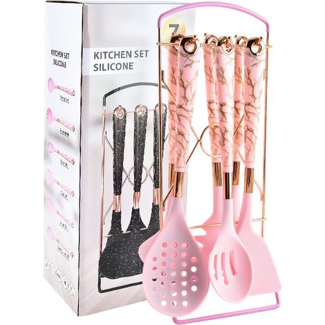 7-teiliges Küchenhelfer-set Aus Silikon, Roségoldfarbener Antihaftgriff, Rosa