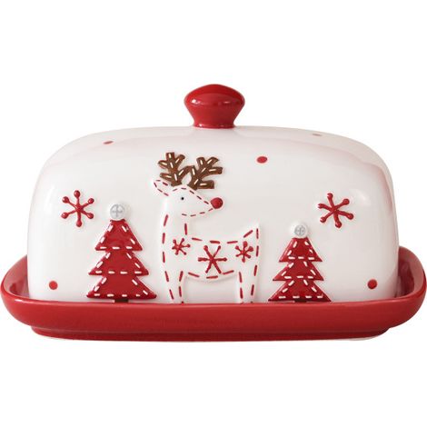Keramische Butterdose Mit Deckel, Nordisches Weihnachtsmotiv Mit Rentiermotiv —