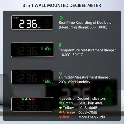 [french Days] Professioneller Schallpegelmesser (30–130 Db) Mit 11-zoll-lcd-display, Anzeige Von Dezibel, Temperatur Und Luftfeuchtigkeit, Alarmfunktion Und Usb-kabel Für Zuhause, Büro, Schule, Bar Un