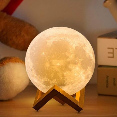 3d-mond-nachttischlampe, 16-farbiges Led-nachtlicht – Holzsockel – Usb-aufladbar – 12 Cm – Sanftes Und Sicheres Licht