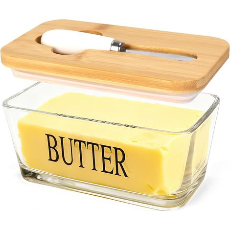 Butterdose Mit Bambusdeckel, Luftdichtes Glas Mit Deckel Und Spatel, Originalfarbe