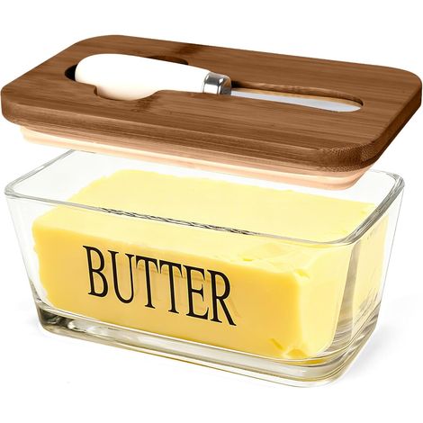 Glasbutterdose Mit Bambusdeckel, Luftdicht, Mit Deckel Und Spatel, Dunkle Farbe.