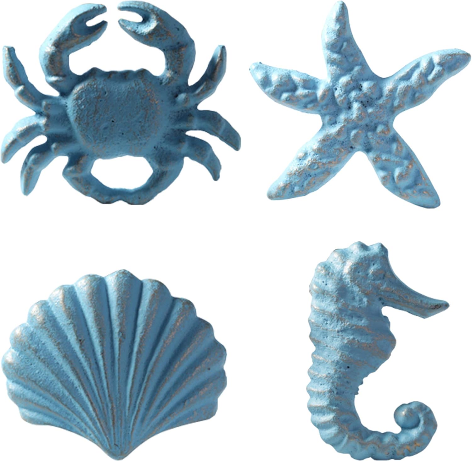Schubladengriff Aus Gusseisen Im Retro-nautikstil – Küchenschränke, Kleiderschränke, Abstellkammern, Computergeräte – Seepferdchen-, Seestern-, Krabben- Und Jakobsmuschelmuster (4 Stück, Blau)