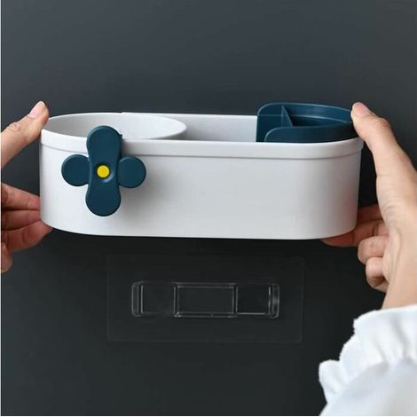 Wandmontierter Haartrocknerhalter, Multifunktional, Selbstklebend, Für Badezimmer, Platzsparend (weiß/blau)