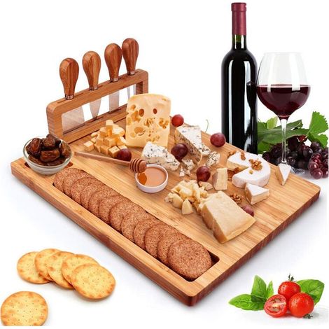 1 Käsebrett, Servierplatte Mit 4 Edelstahlmessern, Wurst- Und Käsebrett Aus Massivholz (14''x11'')