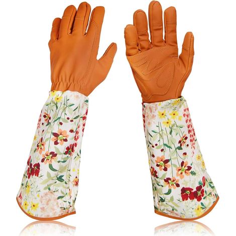 Aiducho Damen-gartenhandschuhe Aus Dornenfestem Leder Mit Floral Bedruckten Bündchen Und Langem Unterarmschutz (braun)