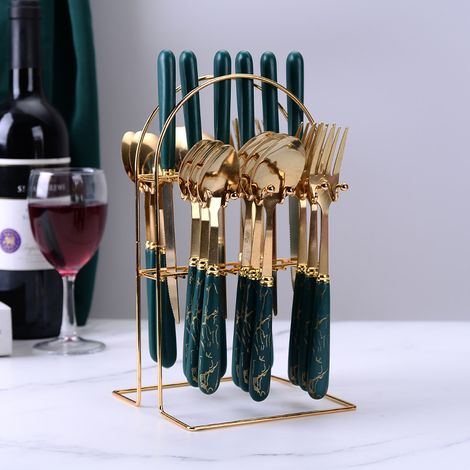 24-teiliges Besteckset Mit Farbigen Griffen Im Vintage-stil – Dunkelgrün –