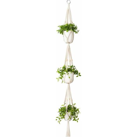 Makramee-pflanzenampel, 3-stufig, Für Drinnen Und Draußen, Baumwollseil Mit Perlen, 177 Cm – Elfenbein